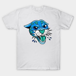 American Traditional Panther Tattoo with Hearts, Blue and Teal, with Sparkles and glitter cute gift T-Shirt